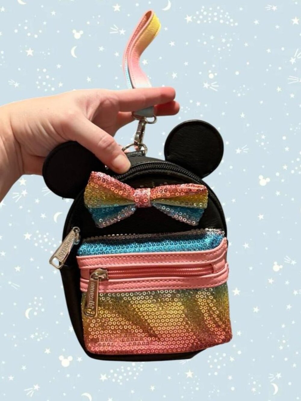 Disney Parks Loungefly Minnie Mouse Rainbow Sequin Mini Backpack wristlet